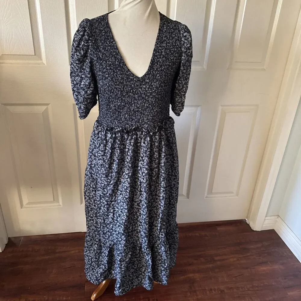 Smocked Puff Sleeve Floral Maxi Dress Womens Medium‎ Blue Cottagecore Pockets